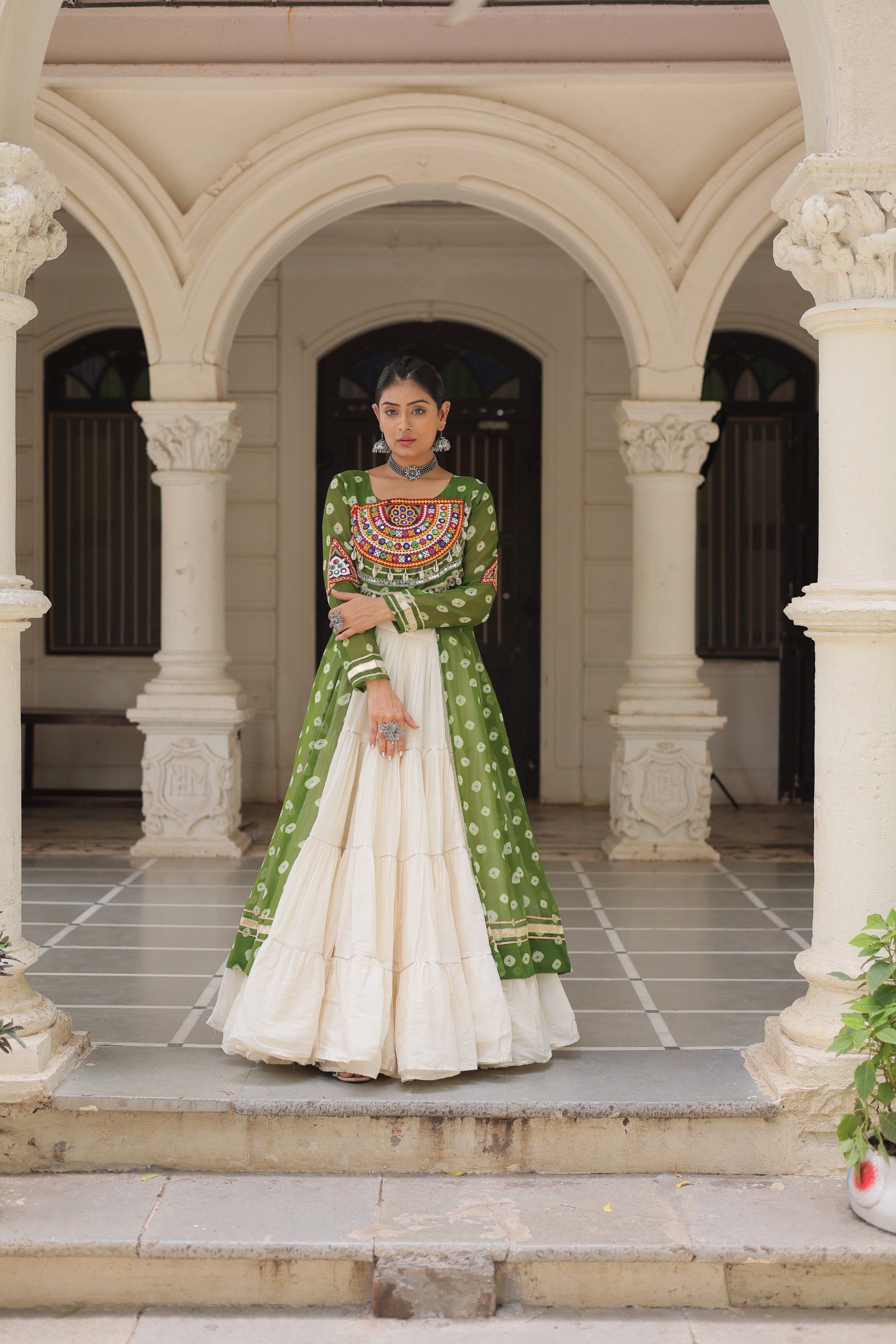 β¨  Navratri Collection - Bandhani Print Kurti with Kora Cotton Lehenga